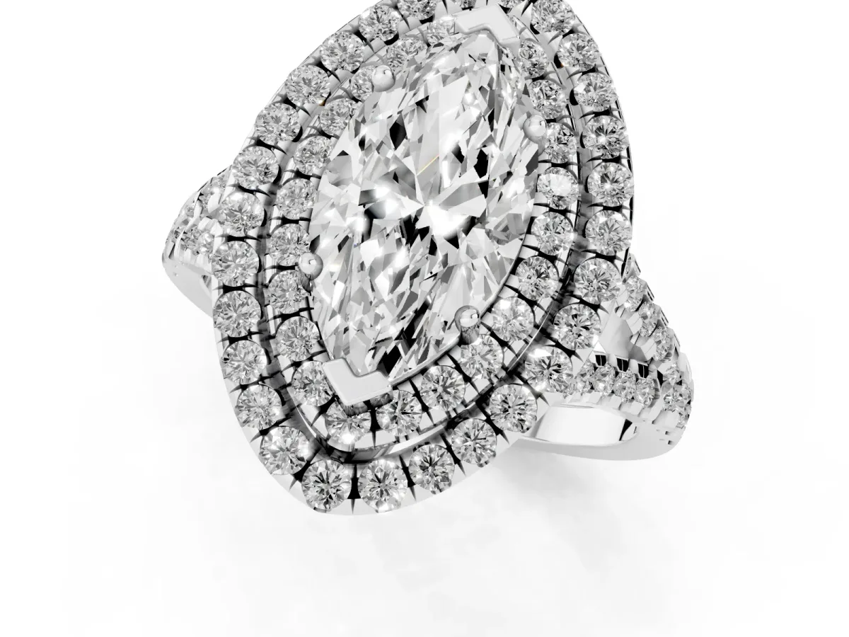 Double Halo Marquise Cut Diamond Pavé Split Shank Ring with Prong Setting Silver
