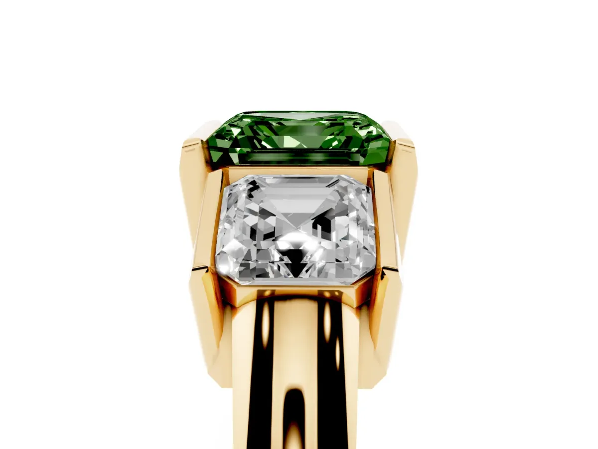 Fancy Green Three Stone Asscher Cut Cut Channel Set Diamond Ring Yellow gold