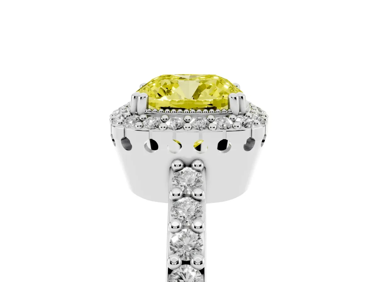 Fancy Yellow Cushion Cut Cut Diamond Halo Engagement Ring with Milgrain Detail and Pavé Band Platinum