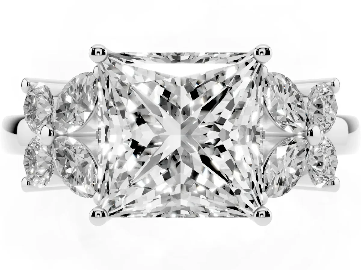 Princess Cut Diamond Floral Cluster Ring with Solitaire Band and Prong Setting Platinum