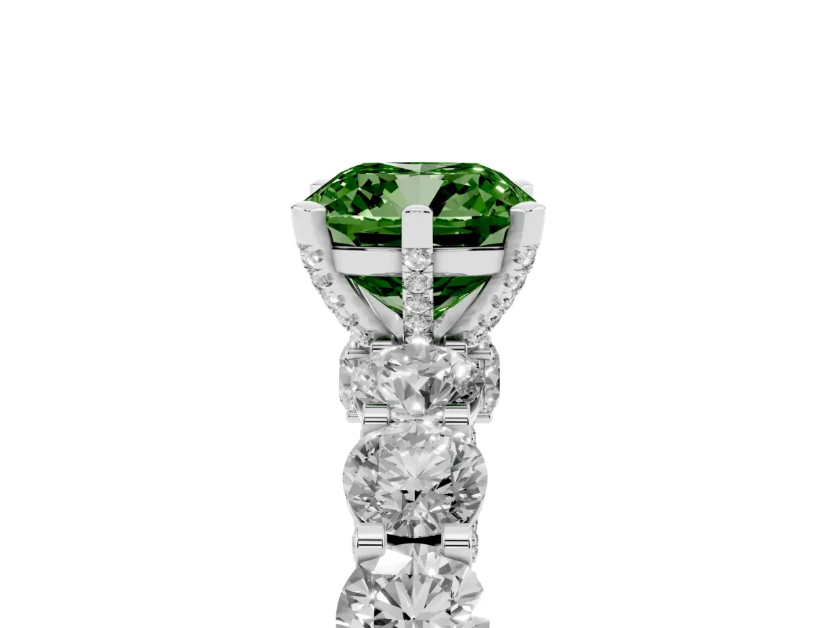 Fancy Green Cushion Cut Diamond Side Stone Engagement Ring with Four-Prong Setting Platinum