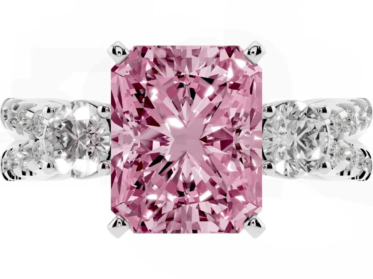 Fancy Pink Radiant Cut Diamond Three-Stone Ring with Pavé Split Shank and Four-Prong Setting Silver