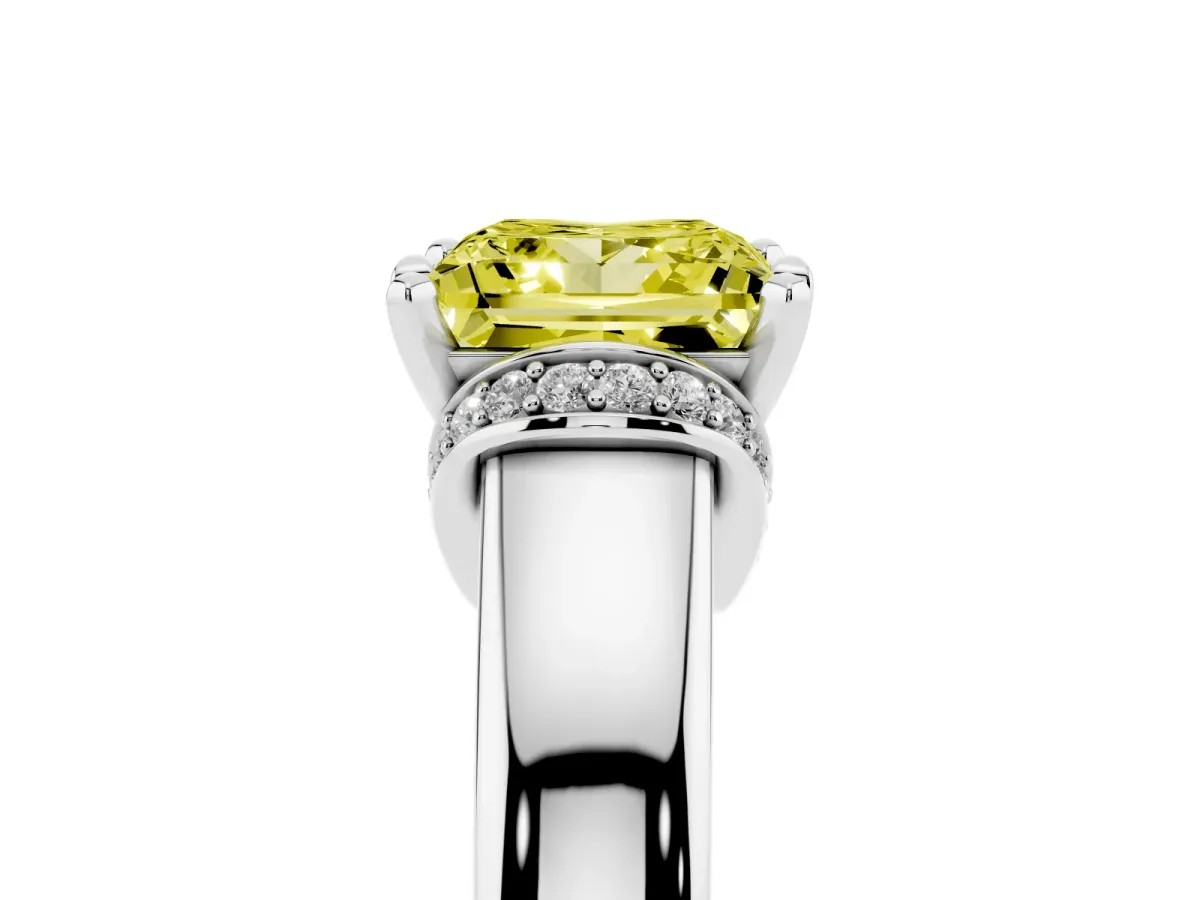 Fancy Yellow Princess Cut Solitaire Diamond Ring with Pave Band and Six-Prong Setting Platinum