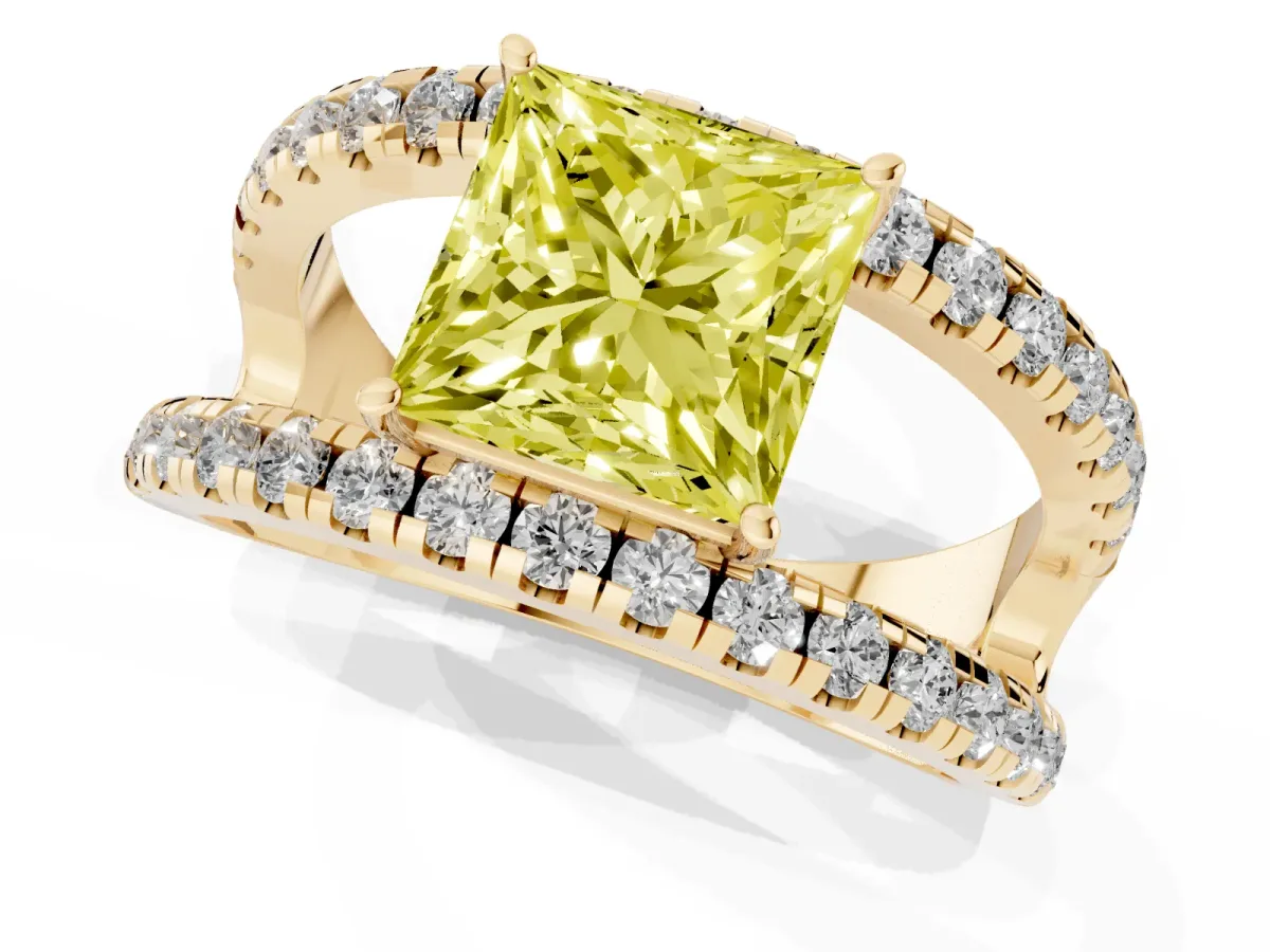 Fancy Yellow Princess Cut Solitaire Split Shank Pave Diamond Ring Yellow gold