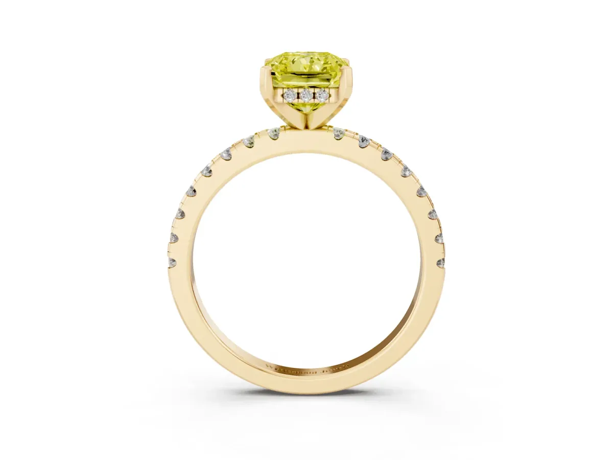 Fancy Yellow Radiant Cut Diamond Solitaire Ring with Round Pavé Band and Four-Prong Setting Yellow gold