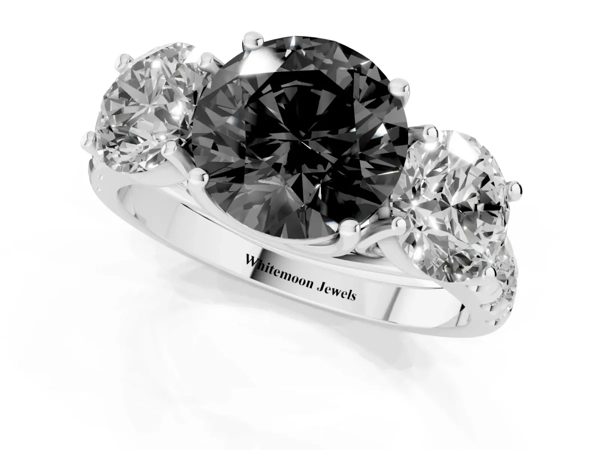 Fancy Black Three-Stone Round Cut Diamond Pavé Band with Prong Setting Silver