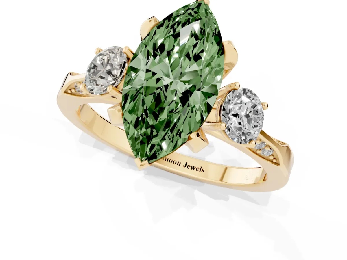 Fancy Green Marquise Cut Brilliant Three-Stone Diamond Ring with Pavé Band and Four-Prong Setting Yellow gold