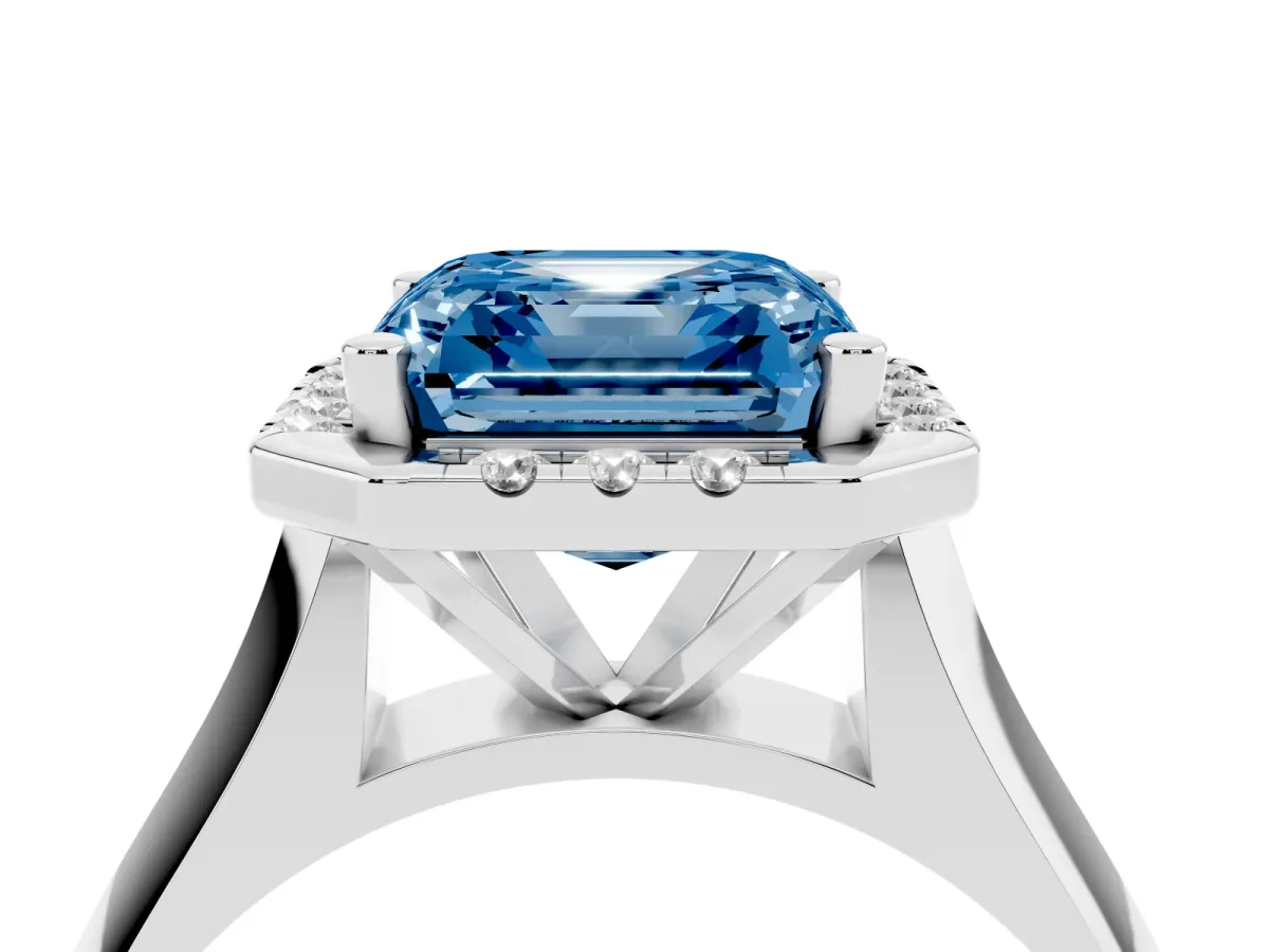 Fancy Blue Asscher Cut Cut Halo Solitaire Engagement Ring with Square Band and Four-Prong Setting White gold