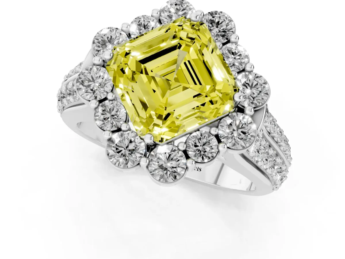 Fancy Yellow Asscher Cut Halo Diamond Engagement Ring with Split Shank and Prong Setting Silver