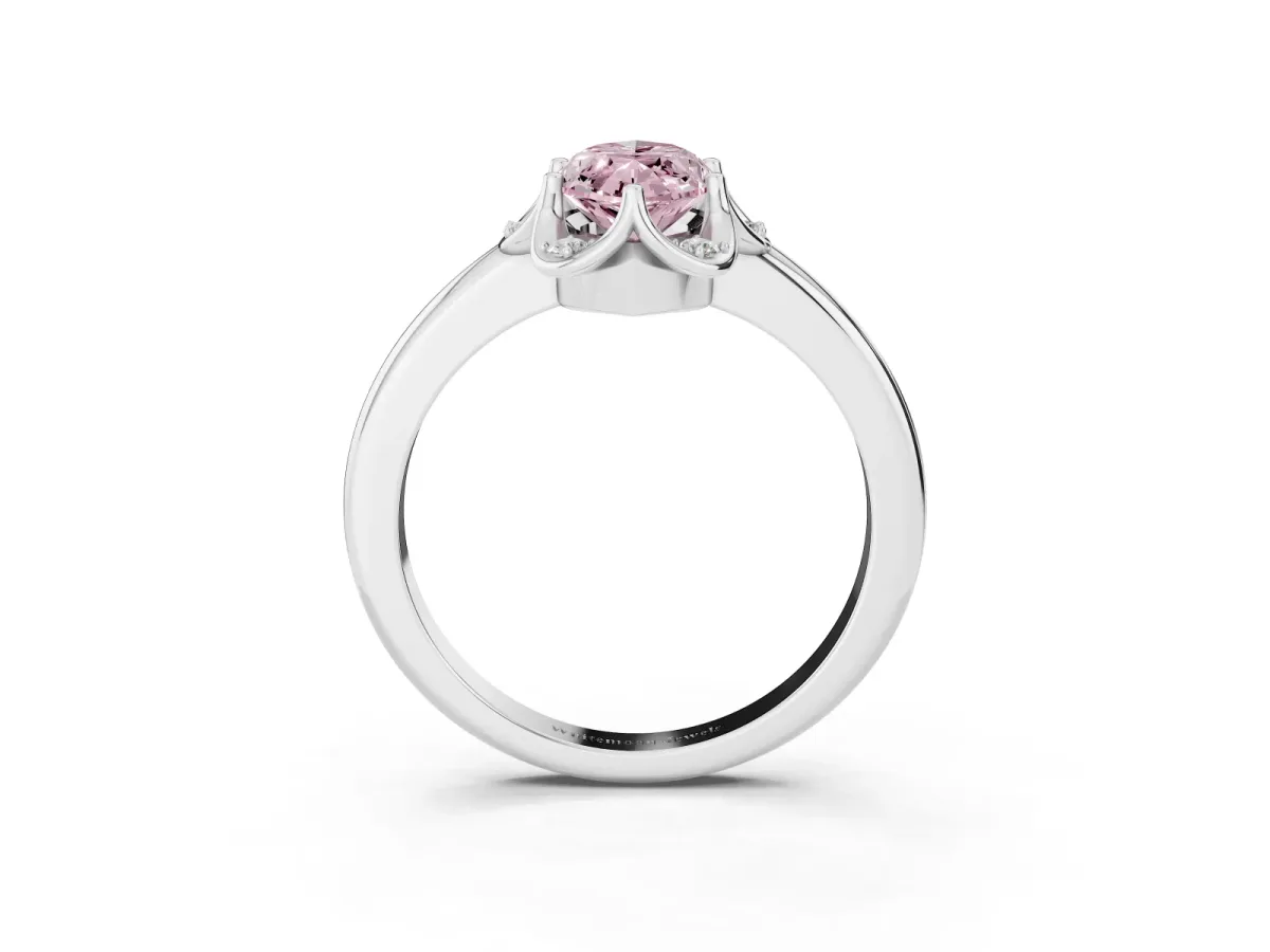 Fancy Pink Marquise Cut Halo Diamond Ring with Round Cluster Setting, Solitaire Band, and Four-Prong Setting Platinum