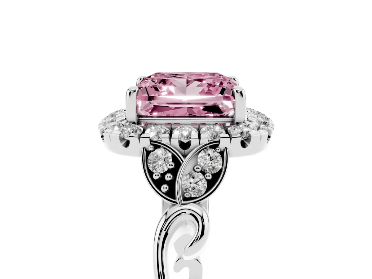 Fancy Pink Princess Cut Halo Diamond Engagement Ring with Vintage-Inspired Band and Four-Prong Setting Silver