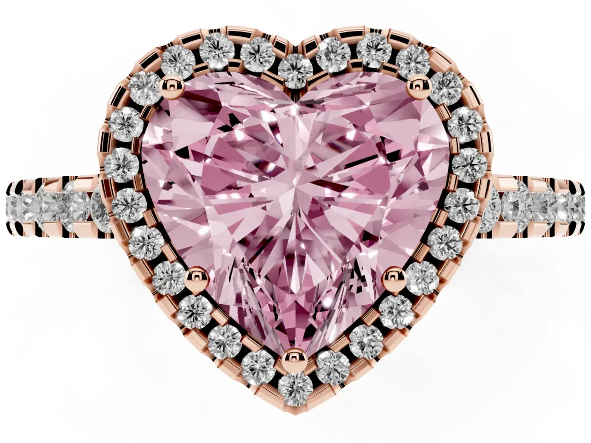 Fancy Pink Heart Cut Diamond Halo Engagement Ring with Pavé Band and Prong Setting Rose gold
