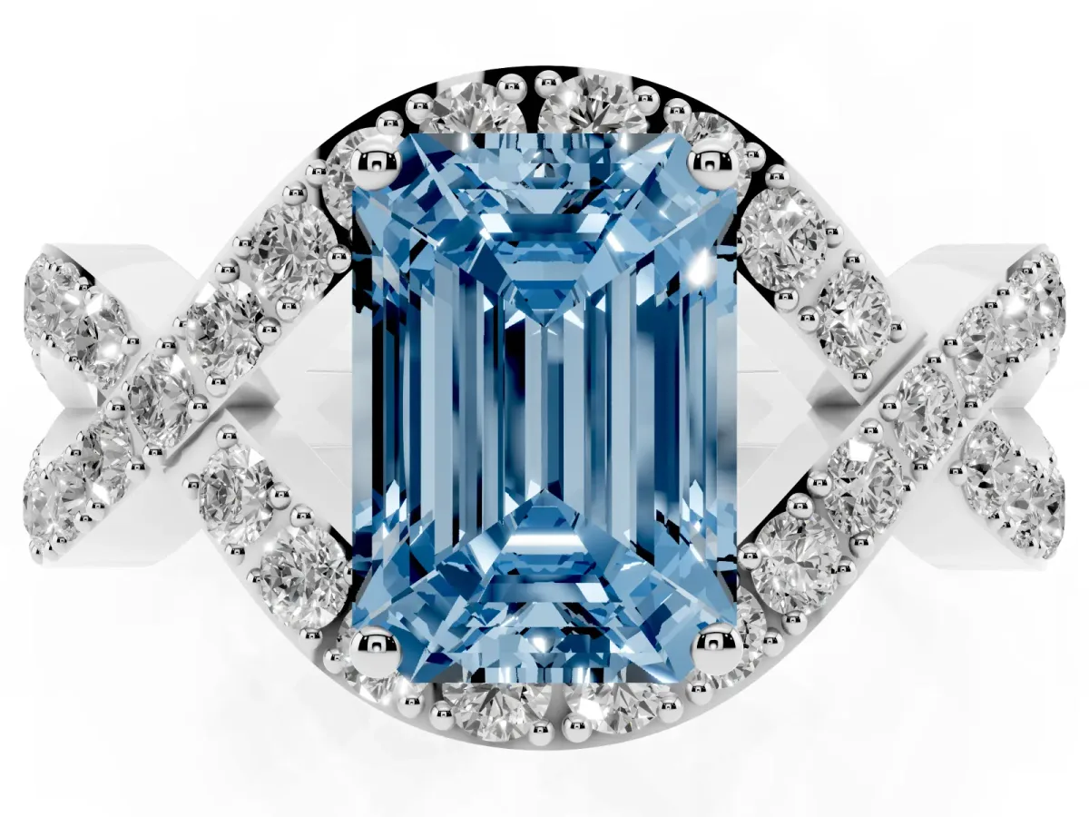 Fancy Blue Emerald Cut Solitaire Twist Band Pavé Diamond Engagement Ring Silver