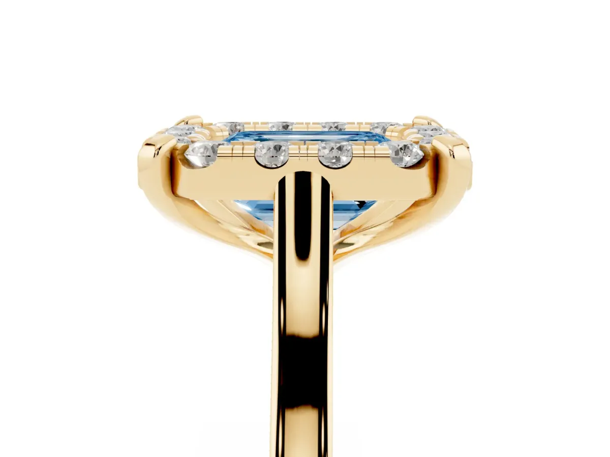 Fancy Blue Emerald Cut Diamond Cluster Halo Solitaire with Four-Prong Setting Yellow gold