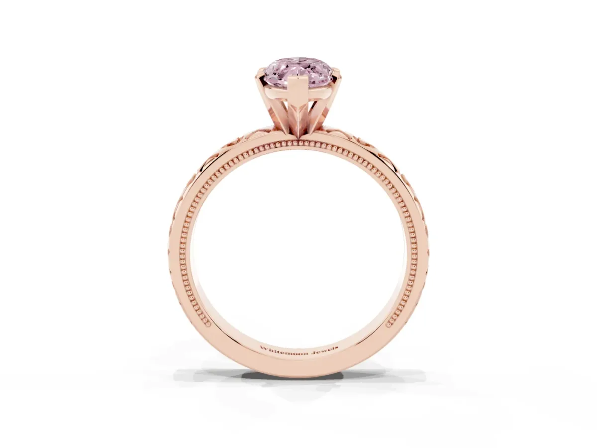 Fancy Pink Marquise Cut Solitaire Diamond Engagement Ring with XO Engraved Band and Four-Prong Setting Rose gold