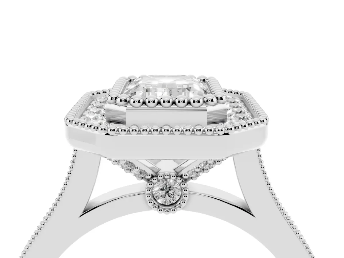 Emerald Cut Diamond Halo Ring with Milgrain Frame and Pavé Band Silver