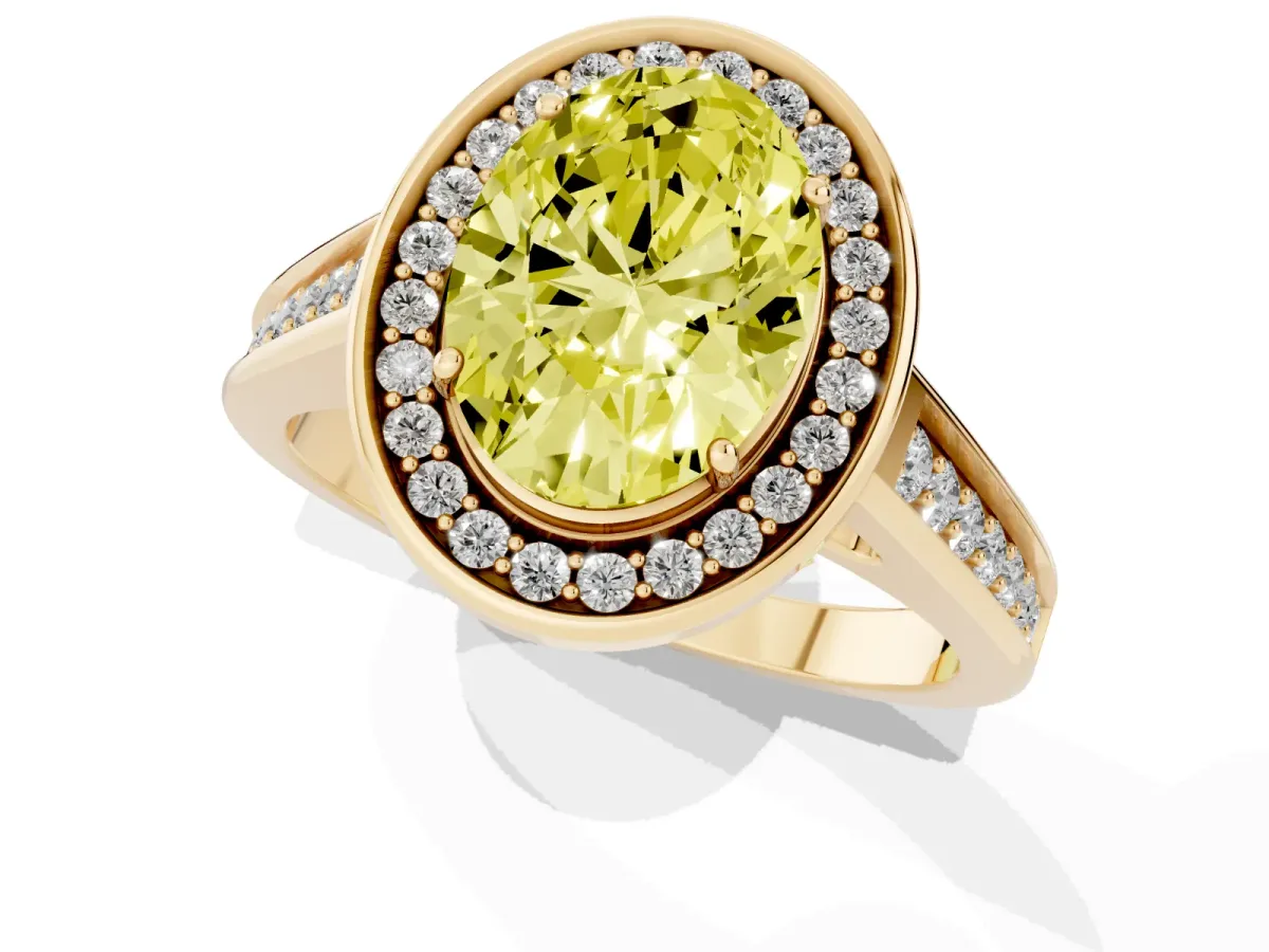 Fancy Yellow Oval Cut Halo Solitaire Diamond Ring with Pave Band and Bezel Setting Yellow gold