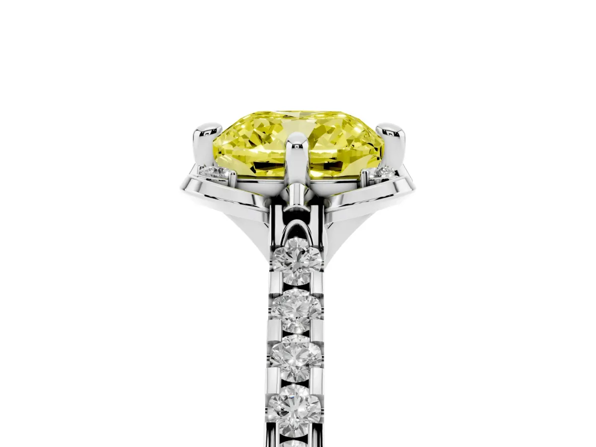 Fancy Yellow Cushion Cut Diamond Ring with Pavé Band and Floral Prong Setting White gold