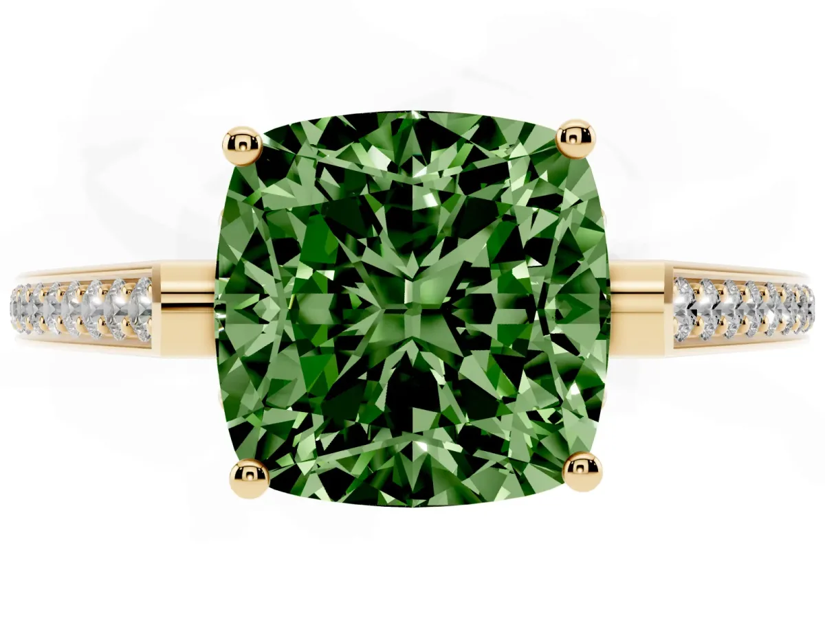 Fancy Green Cushion Cut Cut Cathedral Pave Diamond Engagement Ring with Six-Prong Setting Yellow gold