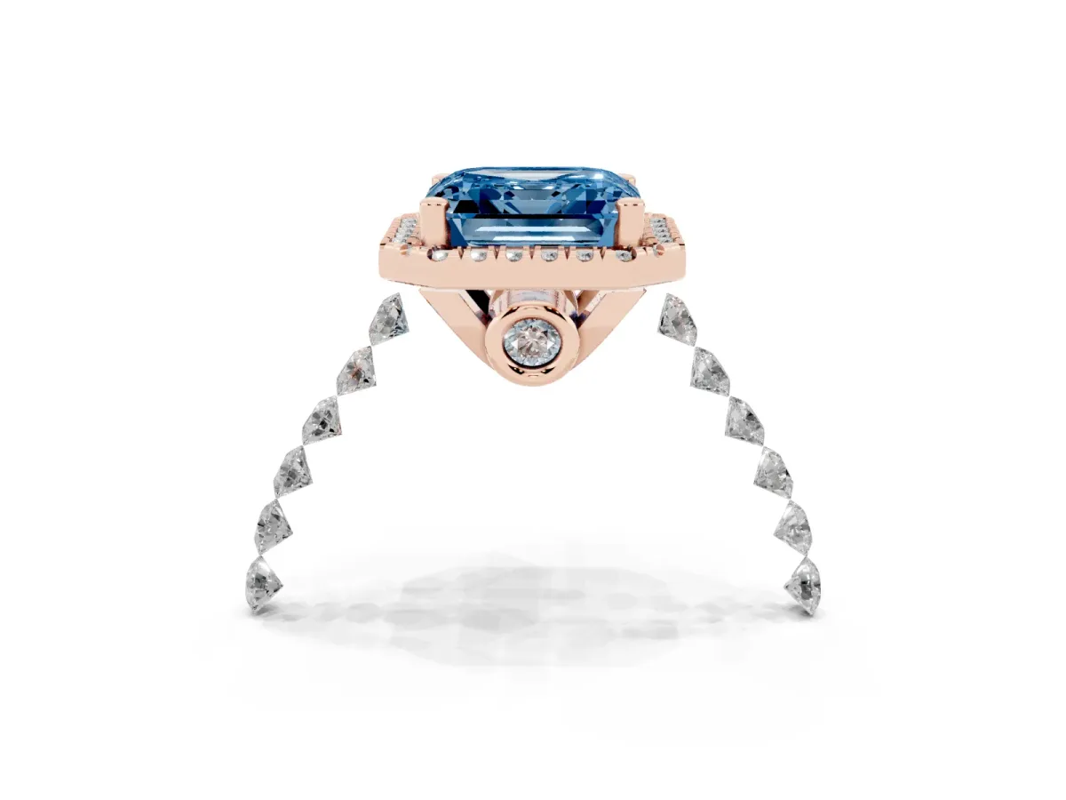 Fancy Blue Asscher Cut Halo Pavé Diamond Engagement Ring with Four-Prong Setting Rose gold