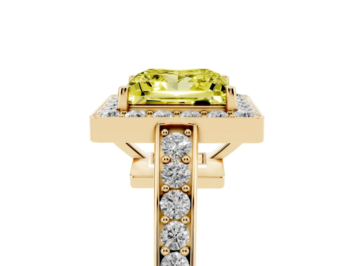 Fancy Yellow Princess Cut Halo Pavé Diamond Engagement Ring with Bezel Setting Yellow gold