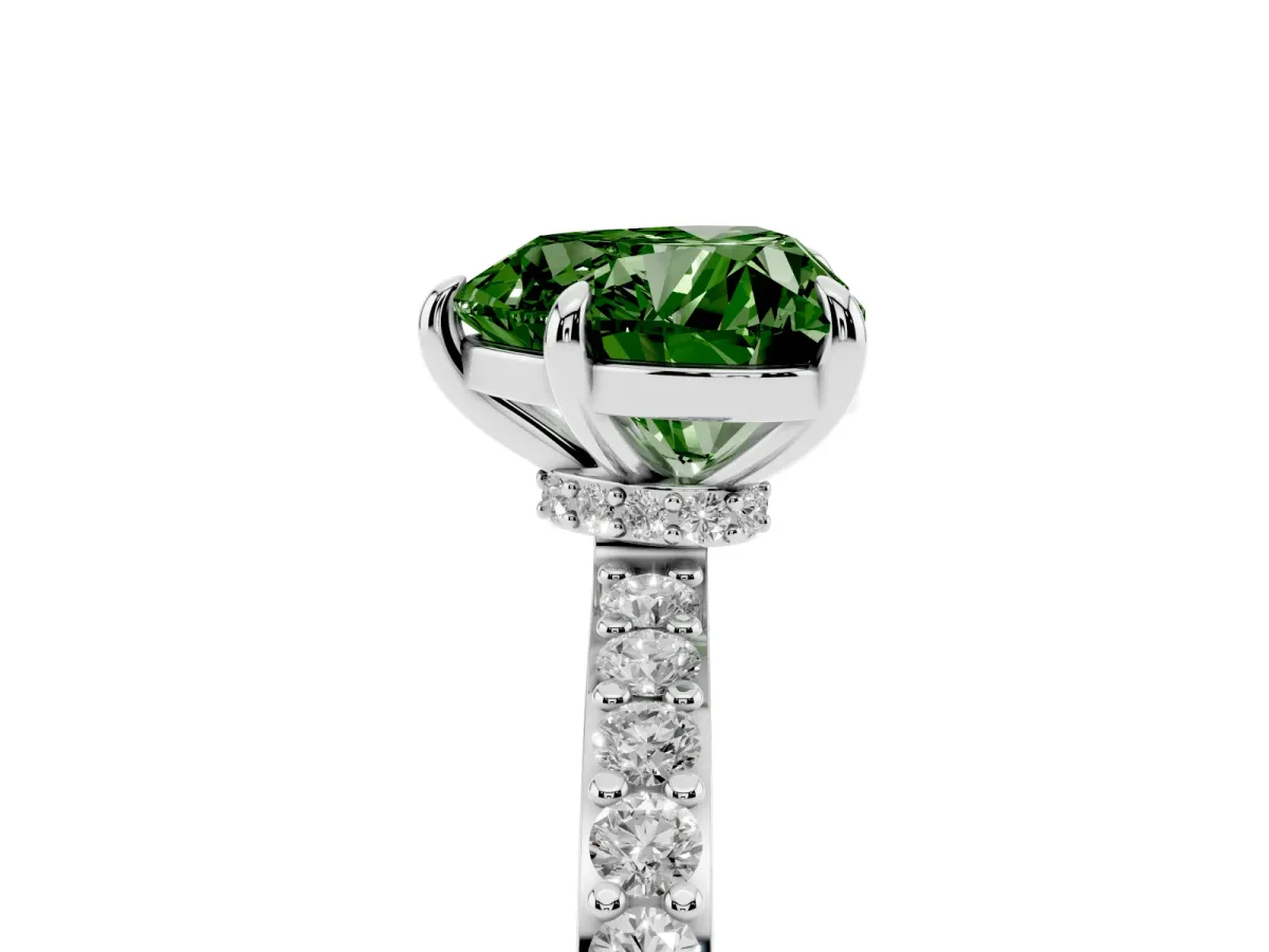 Fancy Green Heart Cut Diamond Pavé Engagement Ring with Round Accents and Prong Setting Platinum