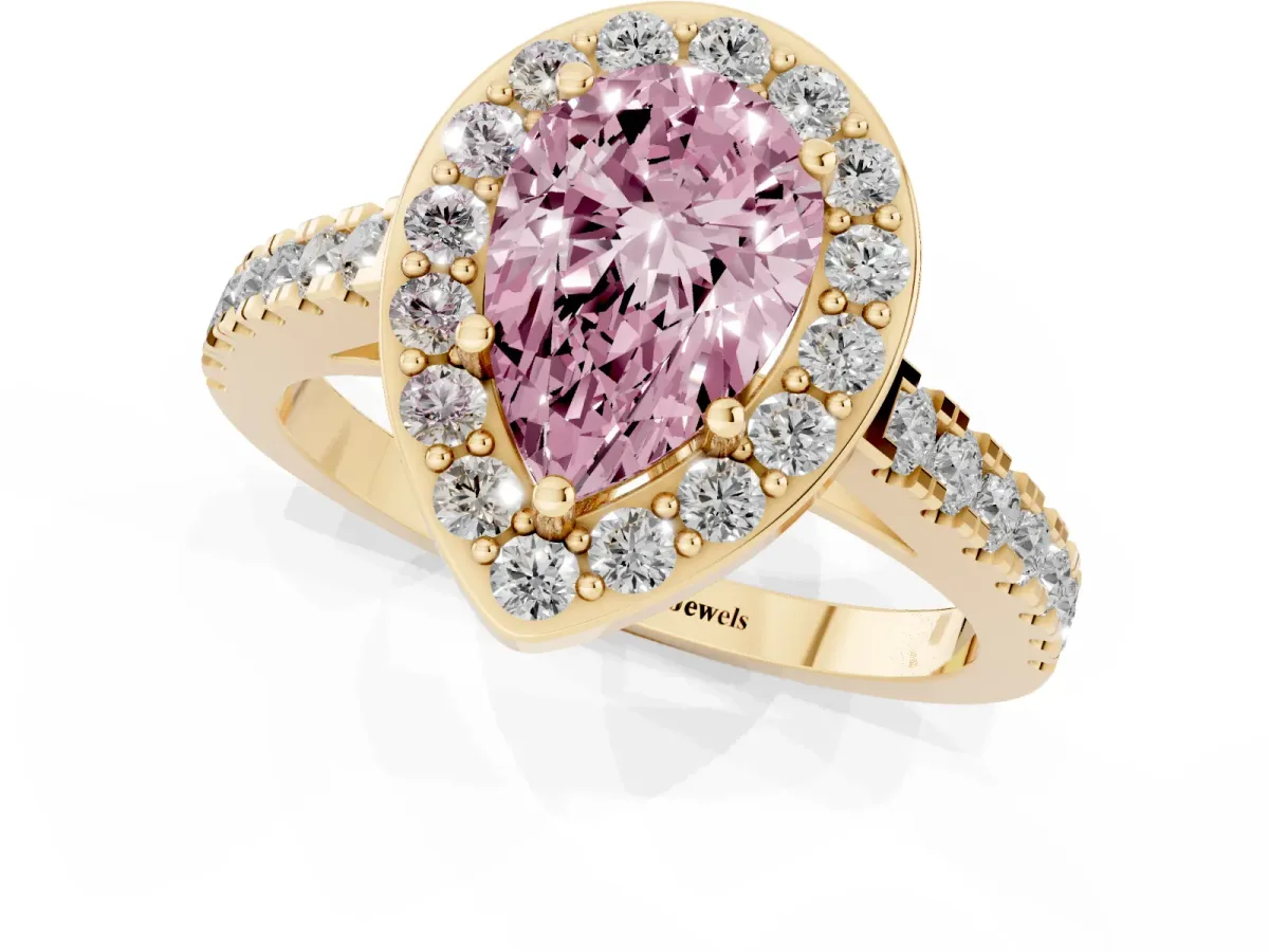 Fancy Pink Pear Cut Diamond Halo Ring with Round Pavé Split Shank and Prong Setting Yellow gold