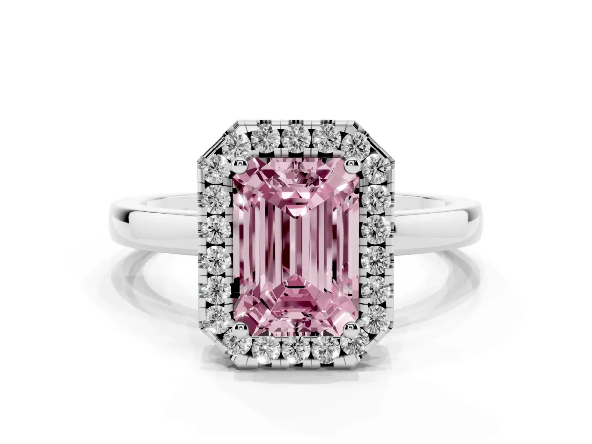 Fancy Pink Emerald Cut Halo Diamond Solitaire with Pavé Band and Four-Prong Setting Silver
