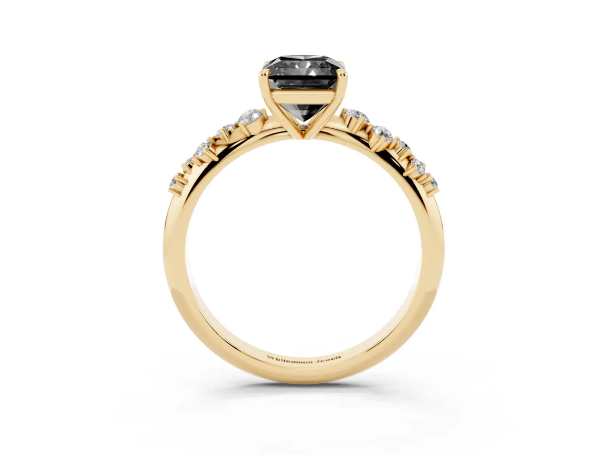 Fancy Black Radiant Cut Diamond Cluster Side Stone Solitaire Ring with Prong Setting Yellow gold