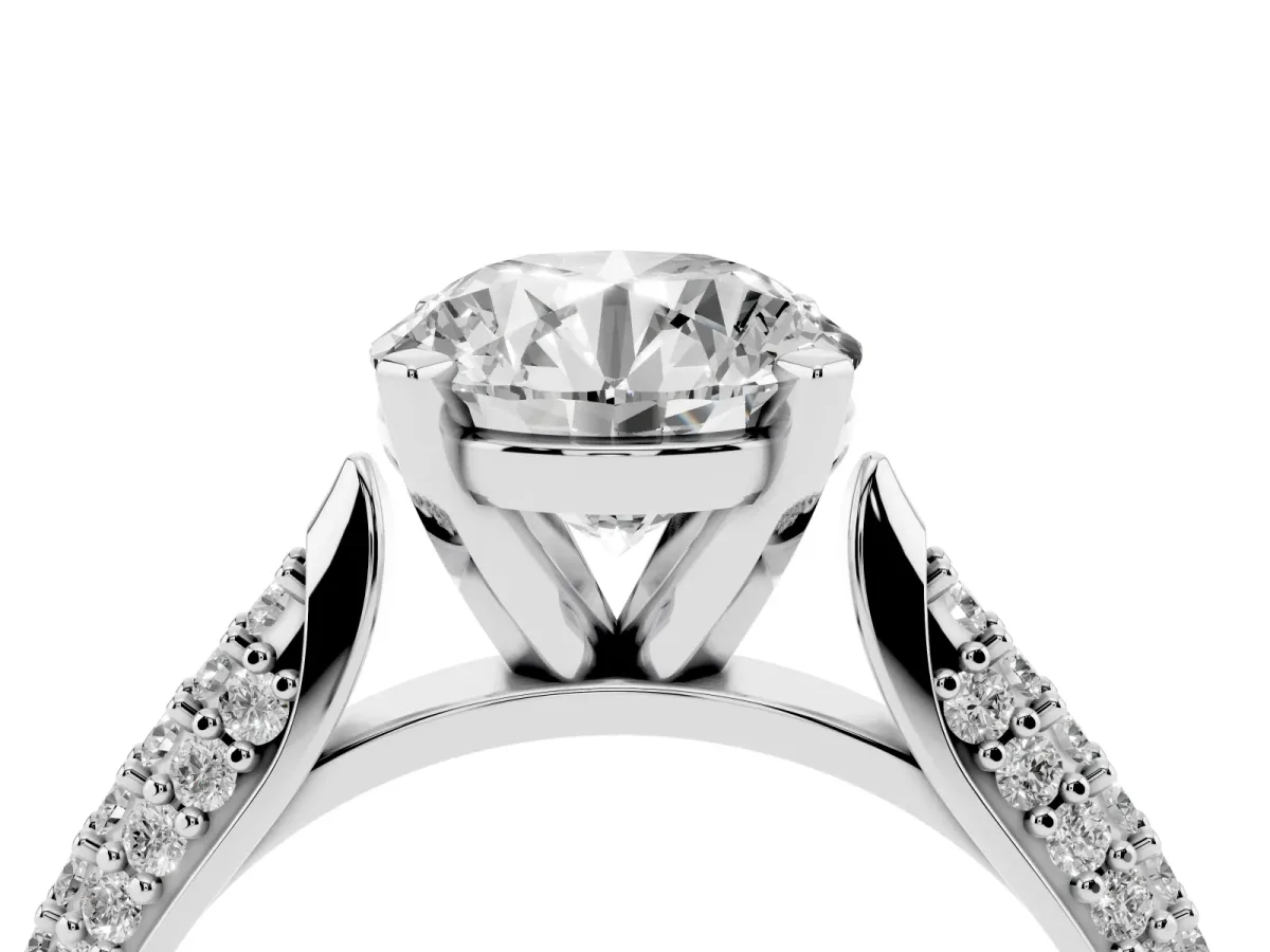 Round Cut Diamond Solitaire Engagement Ring with Multi-Row Round Pavé Band and Prong Setting Silver