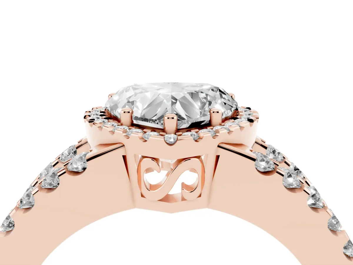 Heart Cut Cut Halo Split Shank Diamond Ring with Four-Prong Setting Rose gold