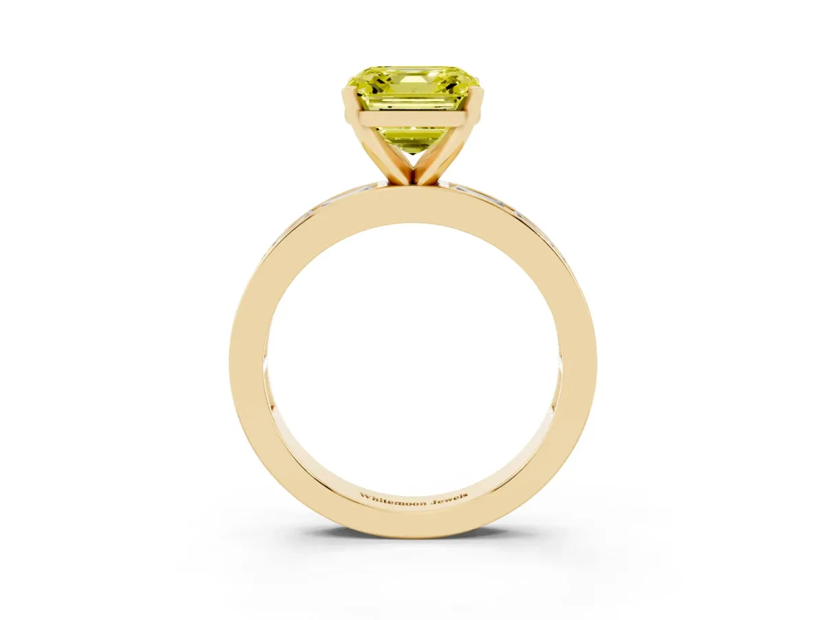 Fancy Yellow Asscher Cut Solitaire Diamond Ring with Channel-Set Baguette Band and Four-Prong Setting Yellow gold