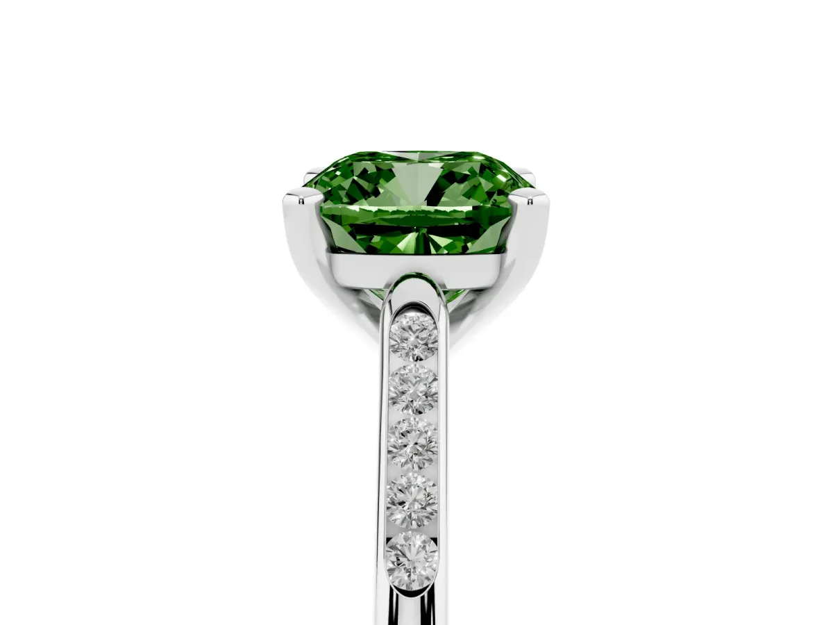 Fancy Green Cushion Cut Diamond Solitaire Ring with Channel Set Round Band and Prong Setting Silver