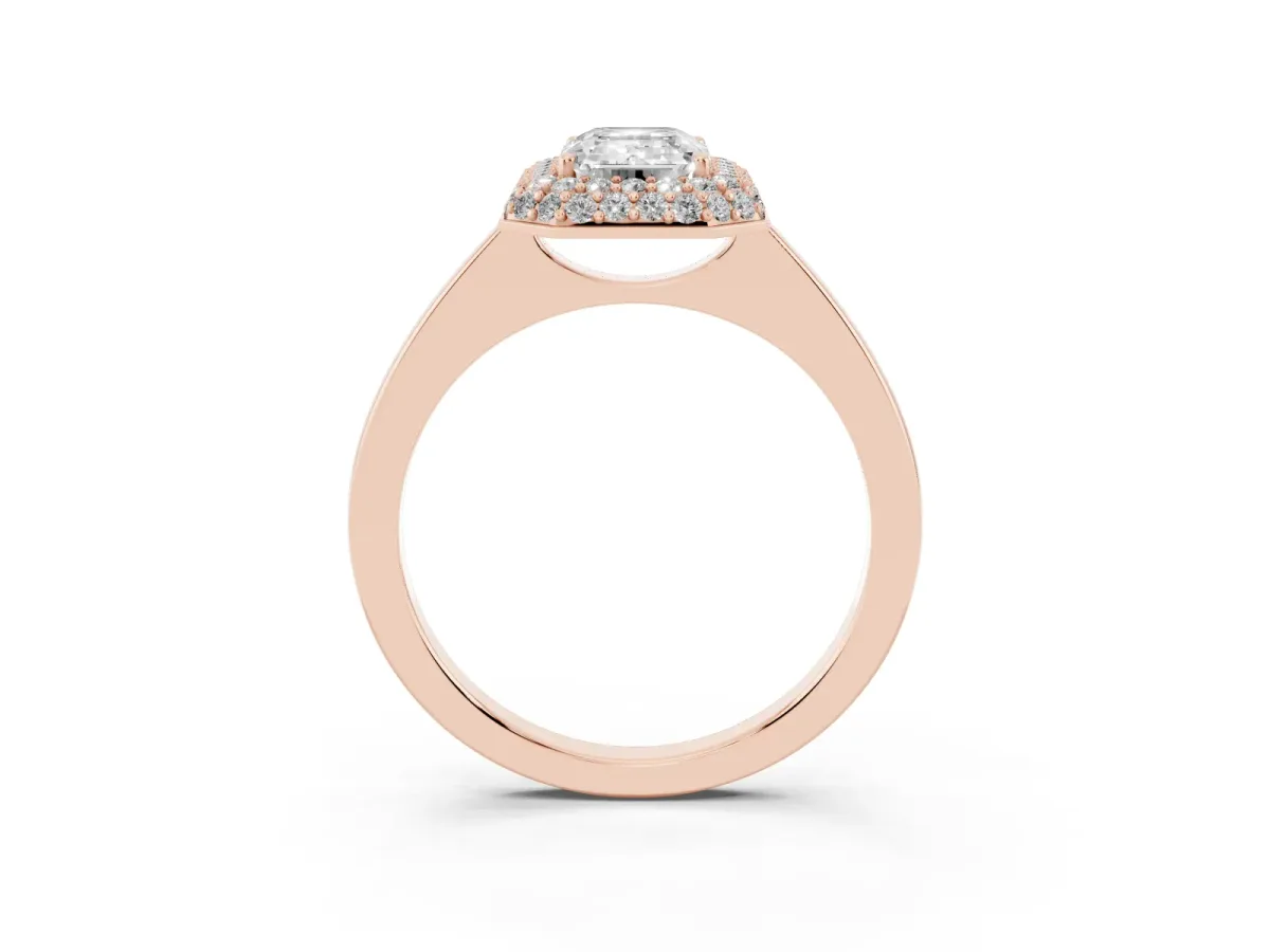 Emerald Cut Halo Diamond Engagement Ring with Solitaire Band and Four-Prong Setting Rose gold