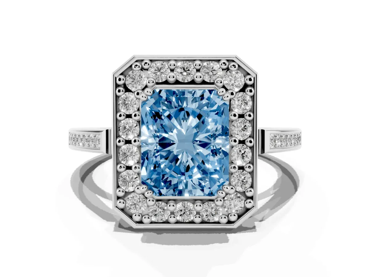Fancy Blue Radiant Cut Diamond Halo Ring with Split Shank and Four-Prong Setting Platinum