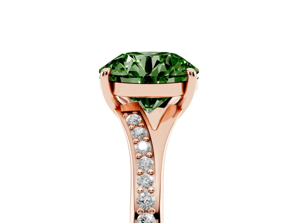 Fancy Green Round Cut Diamond Solitaire Ring with Pavé Band and Prong Setting Rose gold