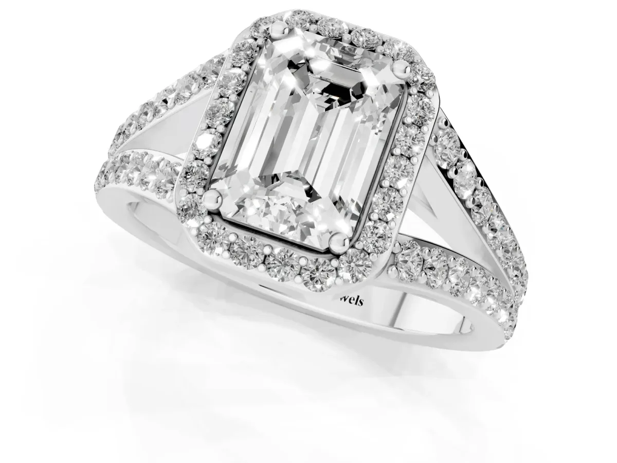 Emerald Cut Diamond Split Shank Halo Ring with Four-Prong Setting Platinum