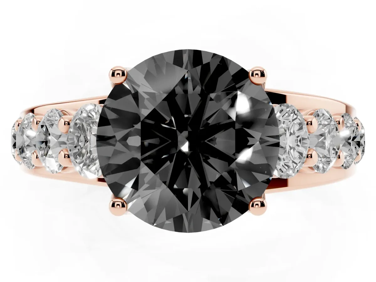 Fancy Black Round Cut Diamond Engagement Ring with Pavé Band and Four-Prong Setting Rose gold