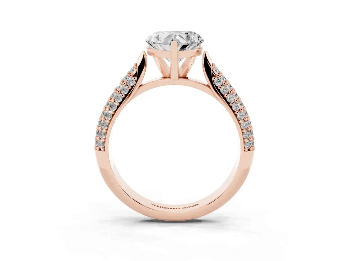 Heart Cut Diamond Solitaire Engagement Ring with Multi-Row Round Pavé Band and Prong Setting Rose gold