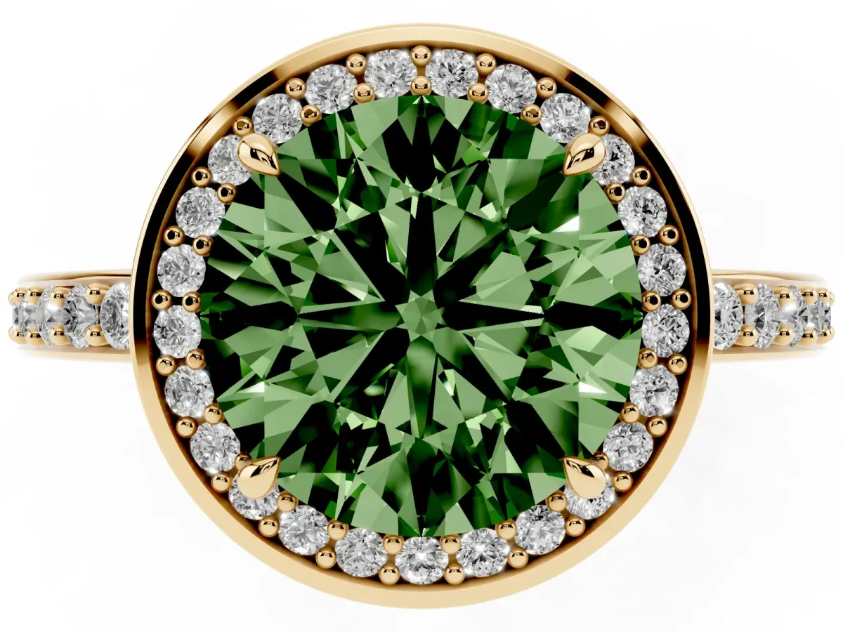 Fancy Green Round Cut Halo Pave Band Solitaire Ring with Prong Setting Yellow gold