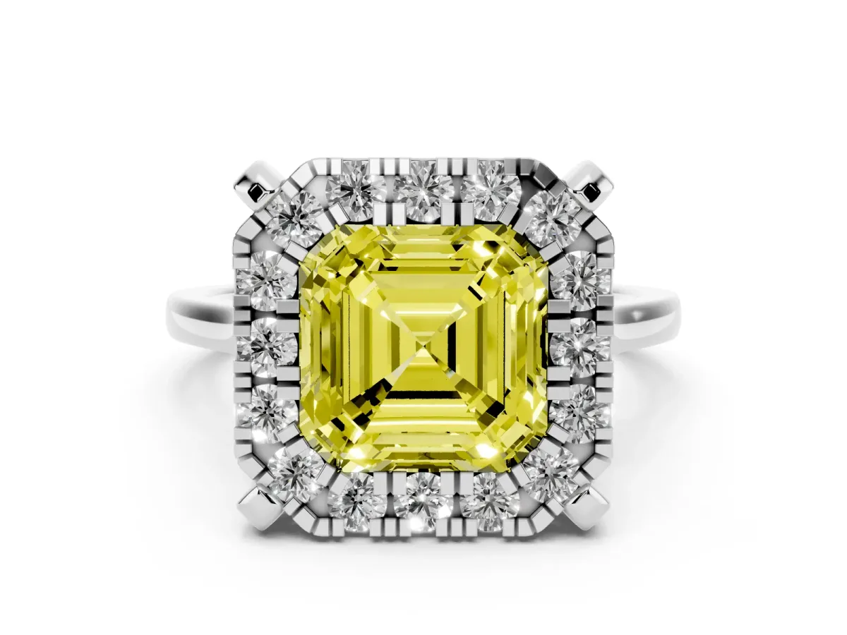 Fancy Yellow Asscher Cut Diamond Cluster Halo Solitaire with Four-Prong Setting Silver