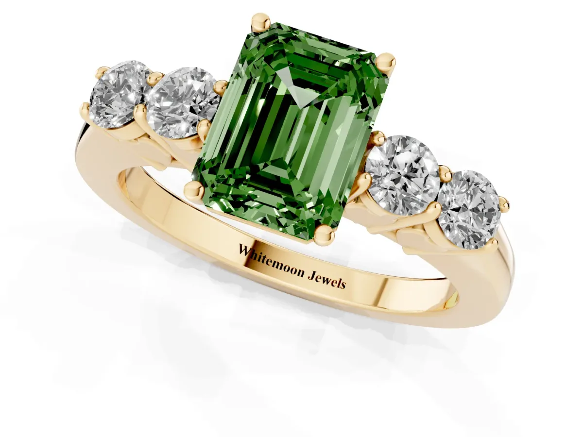 Fancy Green Emerald Cut Cut Diamond Five-Stone Prong Set White Gold Ring Yellow gold