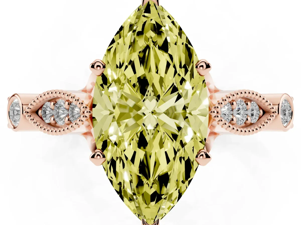 Fancy Yellow Marquise Cut Cut Diamond with Milgrain Marquise and Bezel Accents on a Solitaire Band with Prong Setting Rose gold