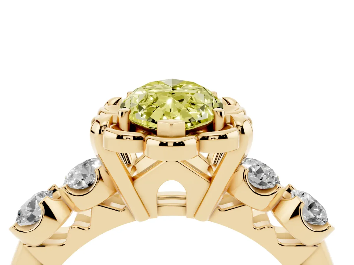 Fancy Yellow Marquise Cut Cut Diamond Floral Halo Engagement Ring with Shared Prong Setting Yellow gold