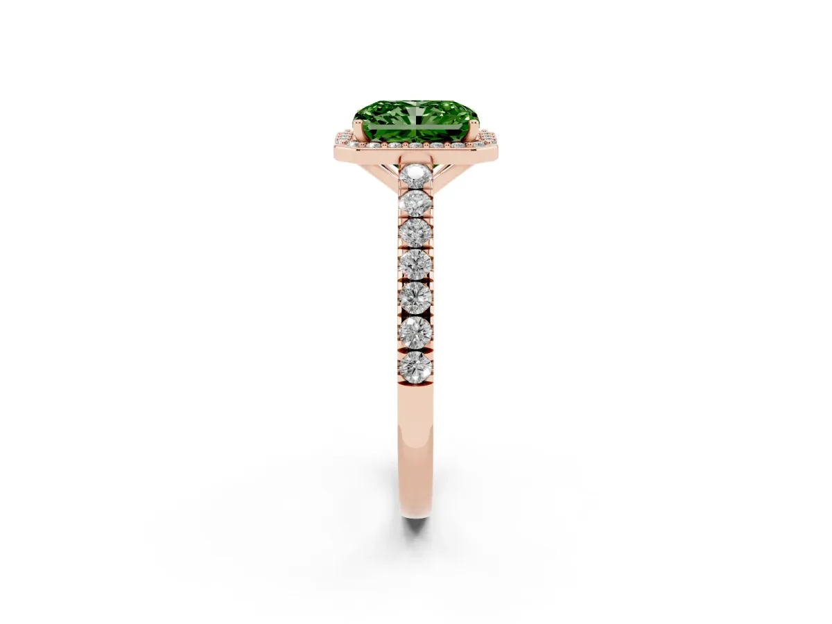 Fancy Green Radiant Cut Cut Halo Diamond Engagement Ring with Pave Band and Four-Prong Setting Rose gold