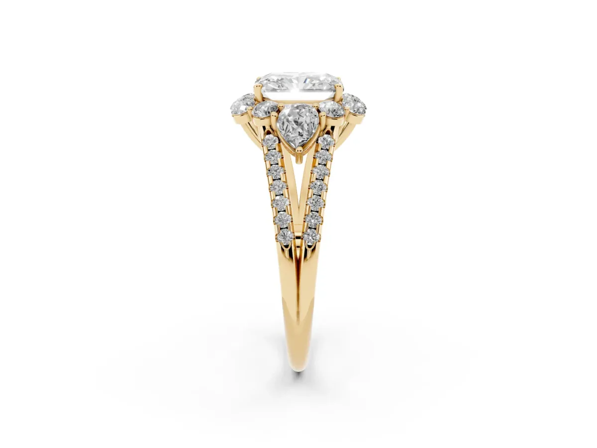 Radiant Cut Halo Split Shank Diamond Engagement Ring with Prong Setting Yellow gold