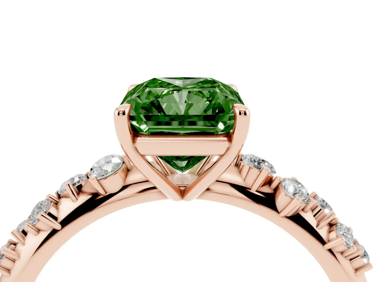 Fancy Green Radiant Cut Diamond Cluster Side Stone Solitaire Ring with Prong Setting Rose gold