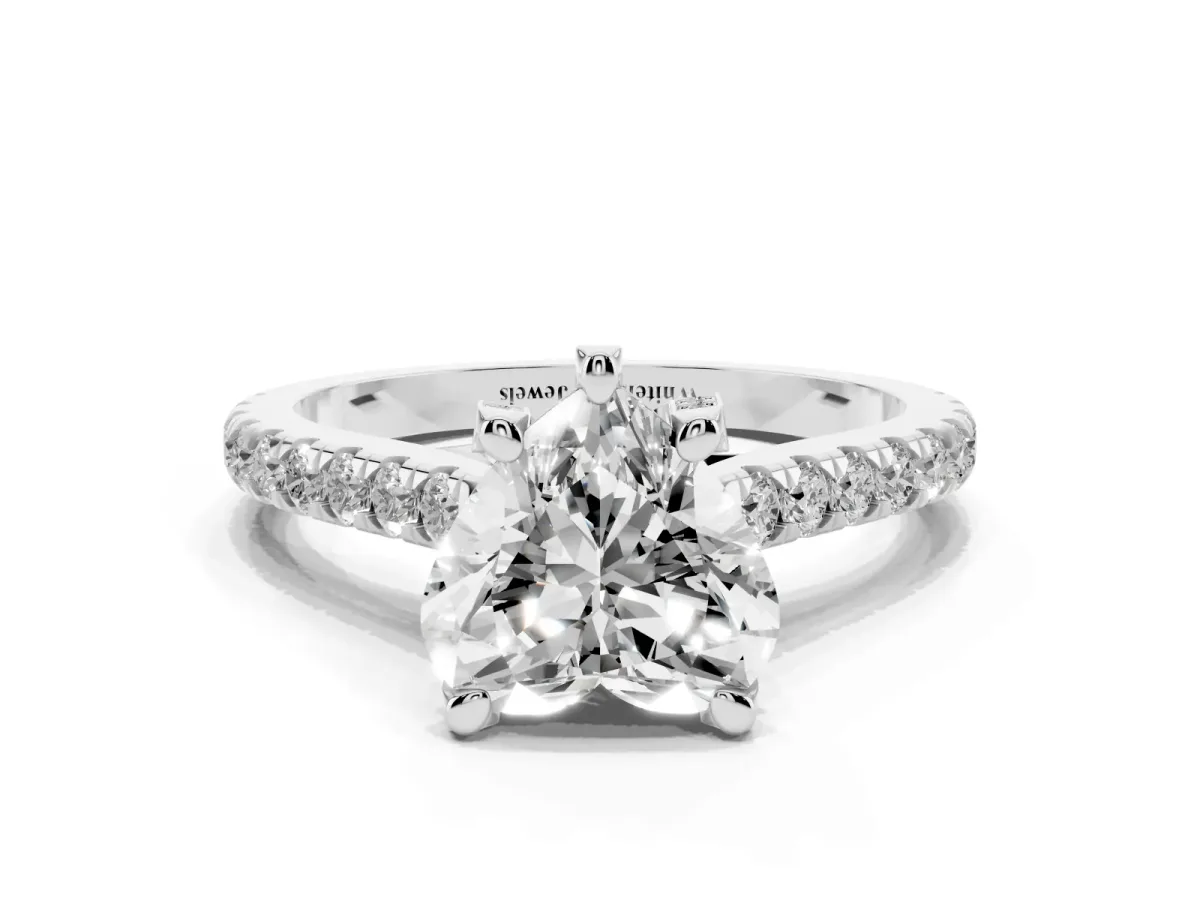 Heart Cut Brilliant Diamond Solitaire with Pavé Band and Four-Prong Setting White gold
