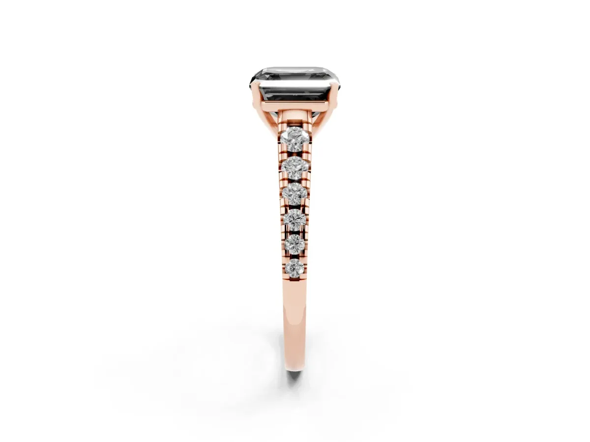 Fancy Black Asscher Cut Diamond Cathedral Solitaire Ring with Round Pavé Band Rose gold