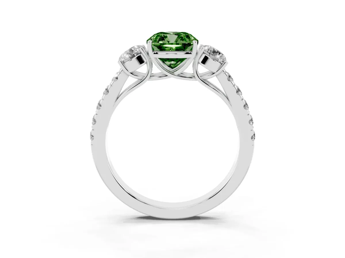 Fancy Green Cushion Cut Cut Diamond Three-Stone Ring with Round Side Stones and Pavé Band Silver